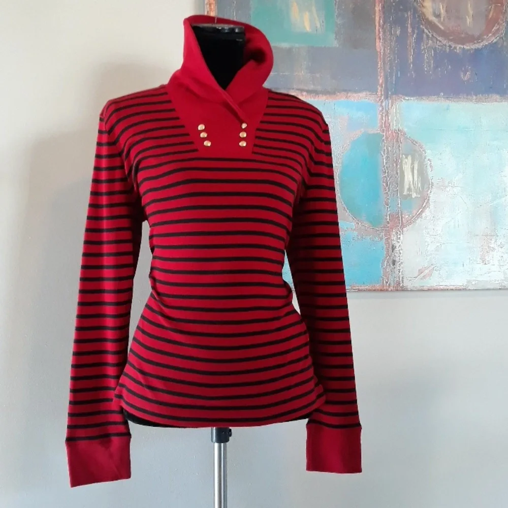 Chaps by Ralph Lauren Highland Red & Black Striped Shawl Collar Top Size L / NWT - Picture 9 of 14